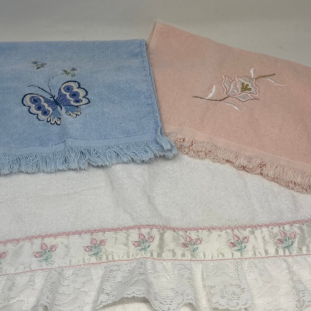 Vintage Avanti After Bath Luxury Towel Set 3pc Lace Butterfly Floral Pink Blue